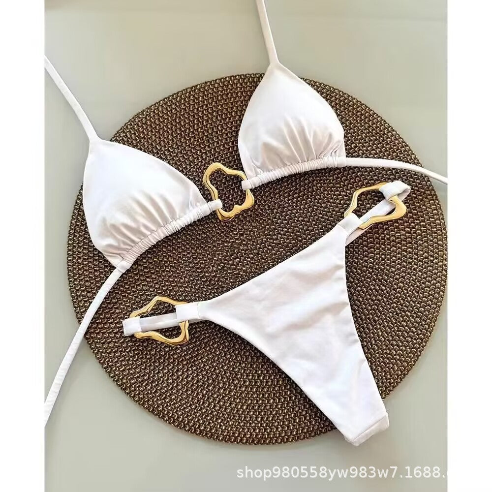 Wholesale Hanging Neck Bikini Swimsuit Chest Push-up Sexy Metal Buckle Triangle Women's Solid Color Split Swimsuit